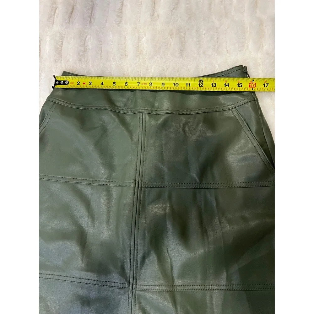 Cabi Dark Sage Green Faux Leather Paneled Midi Skirt Size 6 Front Slit Pockets